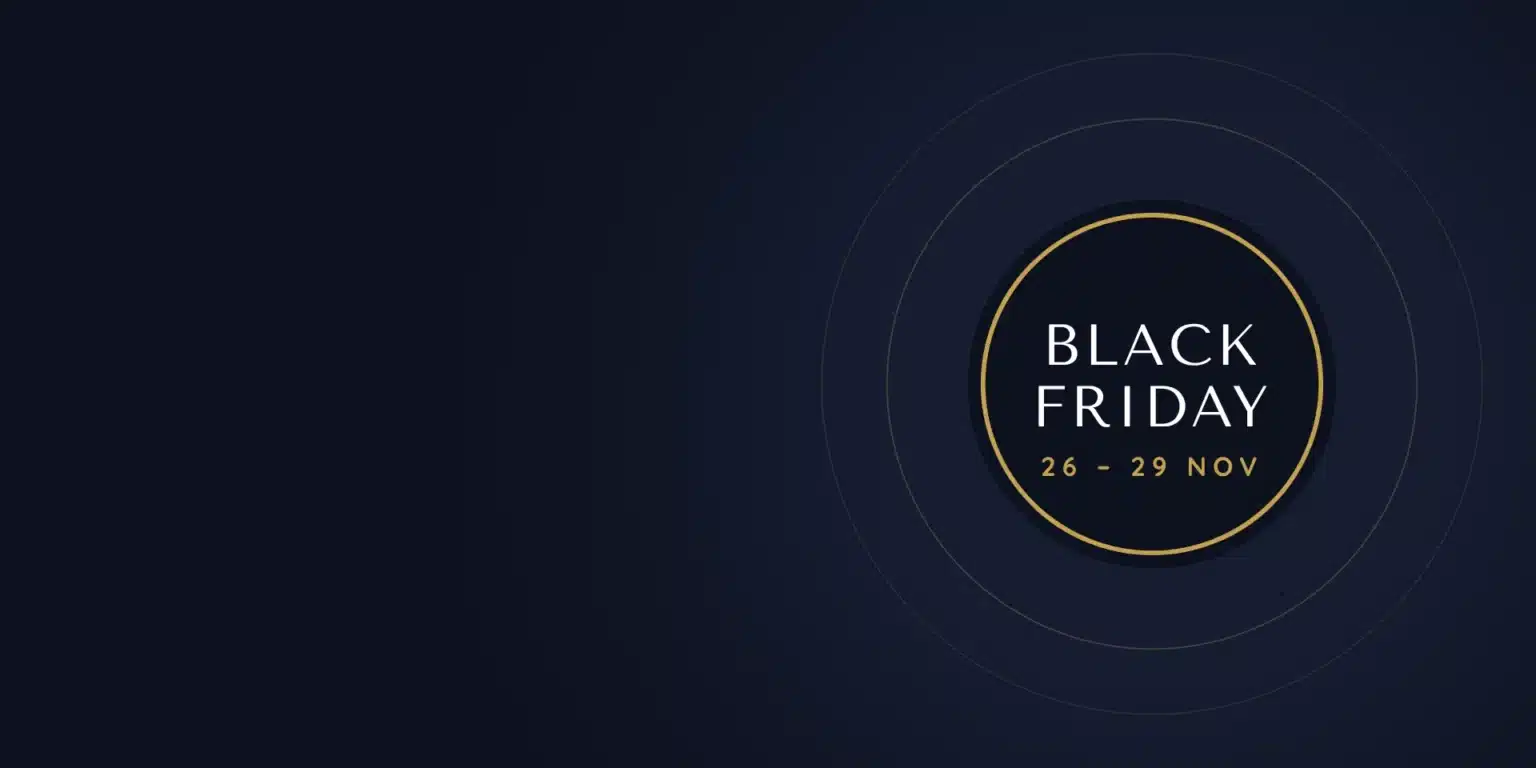 Sello de Black Friday de Pearls, del 26 al 29 de noviembre, sobre fondo tinta con anillos dorados