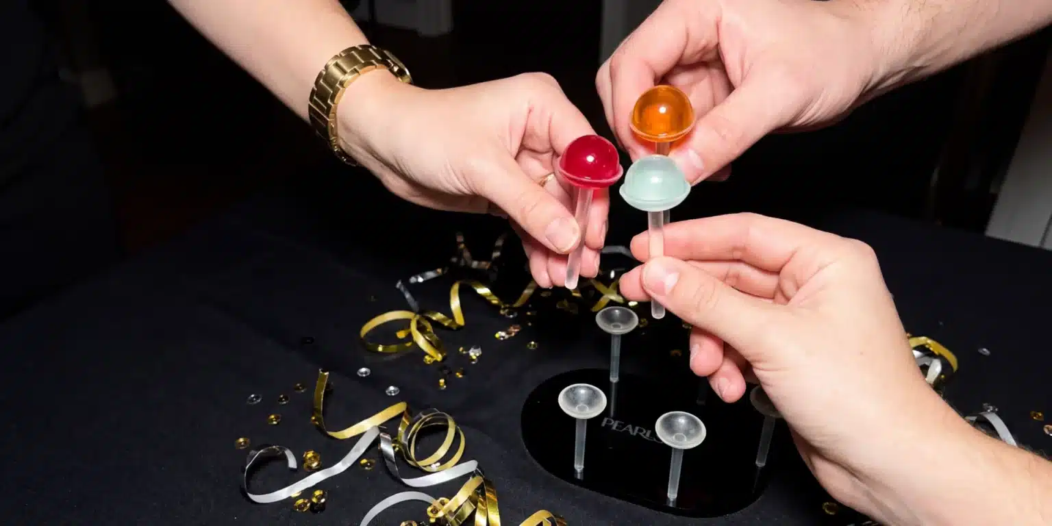 Manos con soportes de Pearls de colores en una celebración