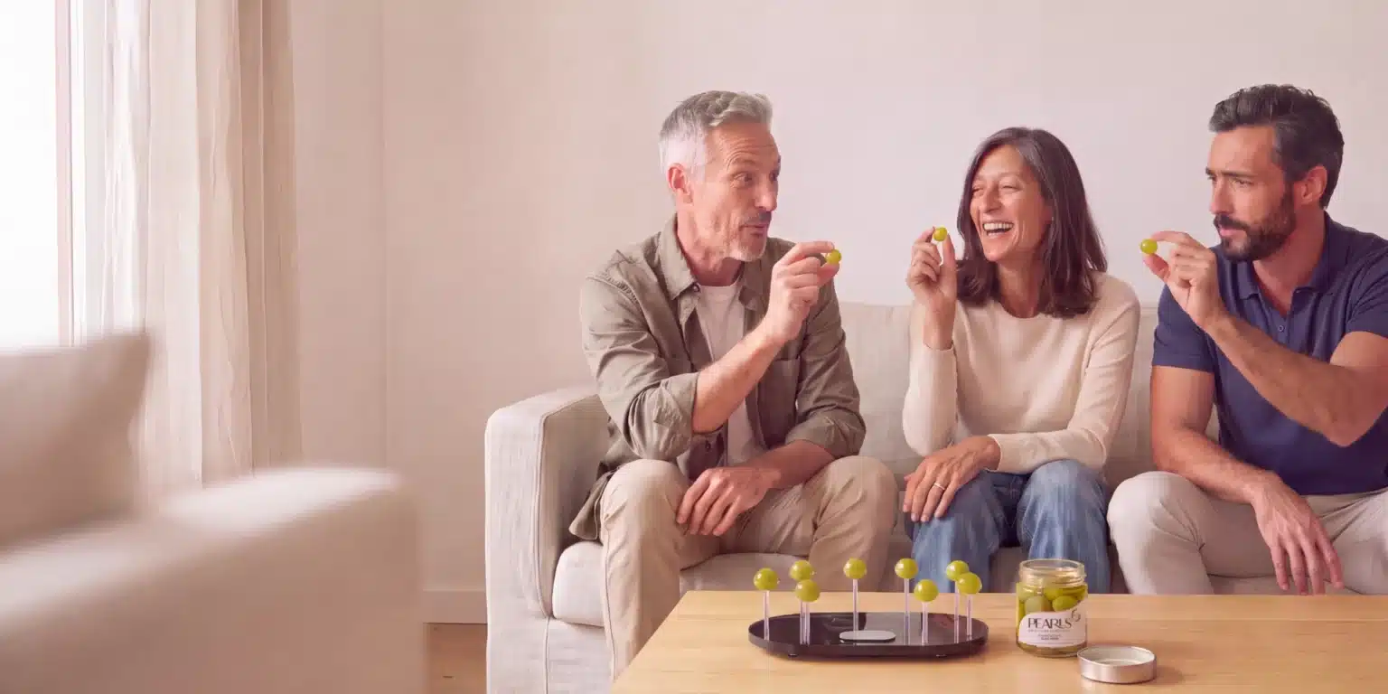 Tres amigos en el sofá cogiendo Pearls de Oliva Verde de la bandeja con soportes